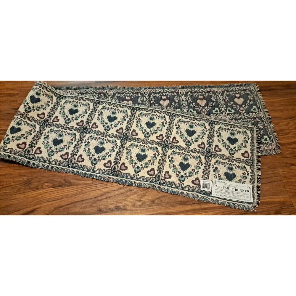 NEW Tapestry Placemats & Table Runner Set of 5 Blue Beige Hearts Country Boho